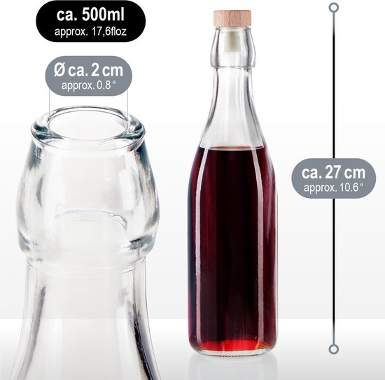 6 Bouteilles En Verre 500 Ml Avec Bouchons Liège - Récipients Vides Pour Huile, Vinaigre, Liqueur - Design Rond