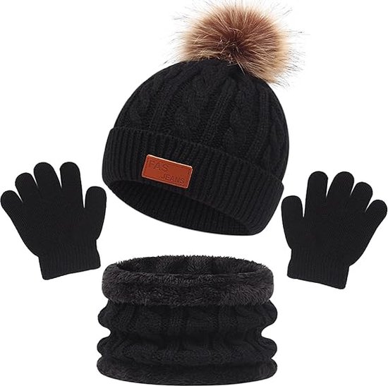 Écharpe et bonnet, ensemble de gants, 3 pièces pour enfants de 1 à 5 ans, hiver, gants mignons, écharpe chaude, bonnet tricoté, bonnet, chapeaux avec pompon, garde au chaud, accessoires pour filles et garçons, Zwart.