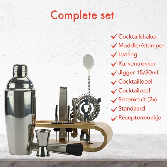 KitchenBrothers Cocktail Set - 11 delig - Inclusief Cocktail Shaker (750ml) - Compleet voor Cocktailbar - Lichtbruin/Bamboe - Cocktailset - BPA-Vrij - Met Receptenboekje - Cadeauverpakking