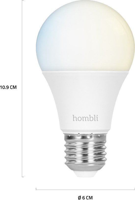 Hombli Smart Bulb E27 met afmetingen 10.9 cm hoogte en 6 cm diameter, met witte gloed.