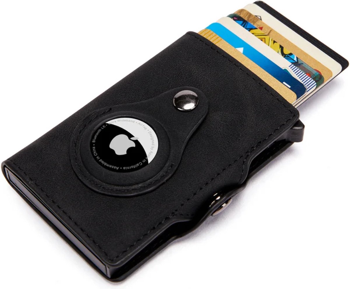 Pasjeshouder met AirTag Houder - Leer - Pasjeshouder Uitschuifbaar - Zwart - Cardholder - Portemonnee Heren & Dames - Kaarthouder met plek voor Airtag - Portefeuille - DELAGO