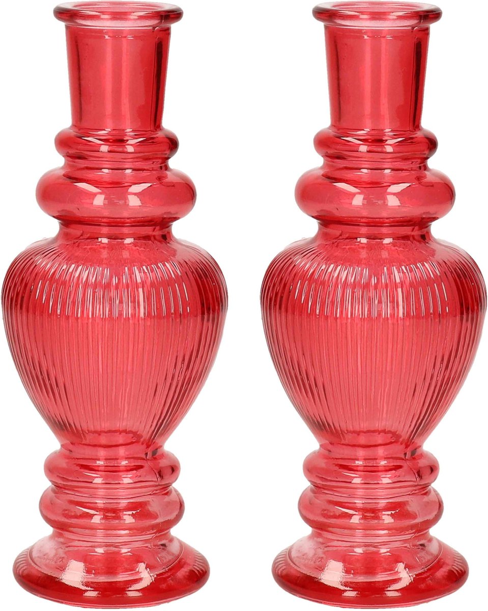 Ideas 4 Seasons Bloemenvaas Venice - 2x - voor kleine stelen/boeketten - gekleurd sierglas - ribbel koraal rood - D5.7 x H15 cm