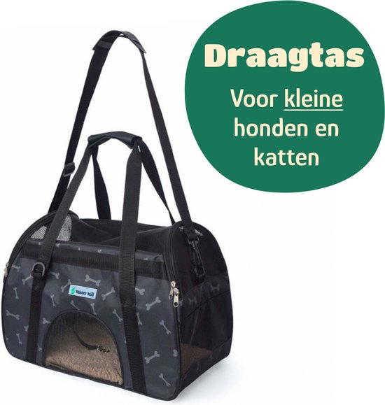 Mister Mill Pet Bag - Sac de Voyage Sac à Bandoulière pour Chiens et Chats - Sac Chat Sac de Transport Dog Carrier - Dog Carrier Zwart avec Bones Print