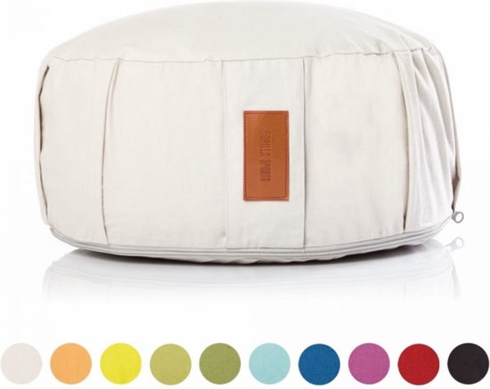 Coussin de méditation couleur sable avec plis et un logo marron GORILLA SPORTS. Nuancier en bas.