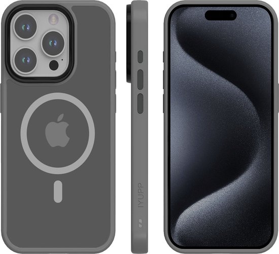 IYUPP Hoesje Geschikt voor iPhone 15 Pro Max Hoesje - Geschikt voor MagSafe - Shockproof Back Cover - Grijs Zwart Transparant