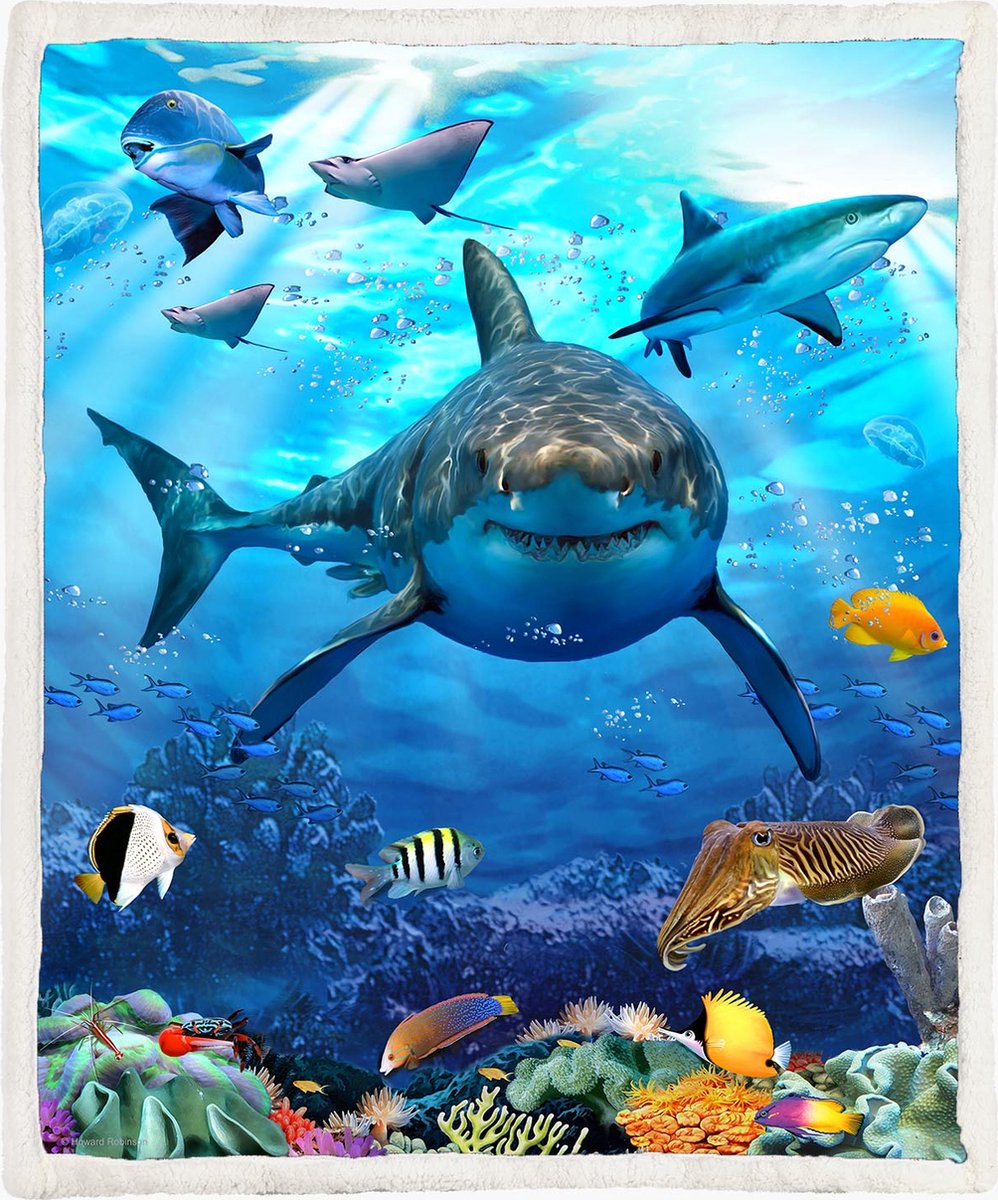 The Coloured House Haaien Fleece Deken 130*150cm Great White Shark Multicolor