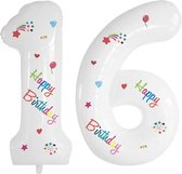 Folie Ballonnen Cijfers 16 Jaar Happy Birthday Verjaardag Versiering Cijferballon Folieballon Cijfer Ballonnen Wit 70 Cm