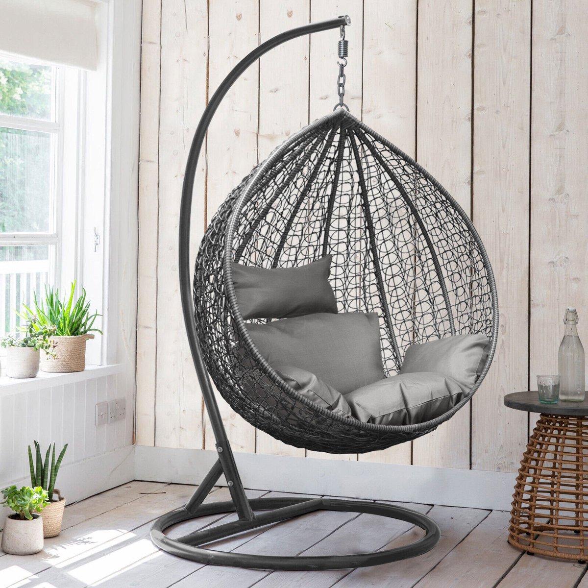 arash® Chaise suspendue - Egg chair - avec cadre - Zwart- Beige