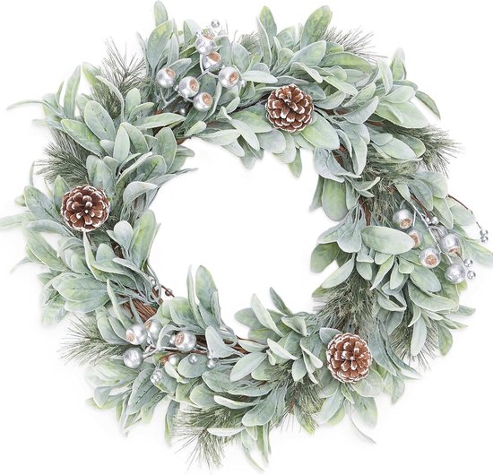 Guirlande Noël Porte Avec Lumières LED Couronne De Noël Artificielle Avec Guirlande Lumineuse LED - Diamètre 30 Cm - Décoration De Porte Avec Flocons De Neige, Baies Et Pommes De Pin
