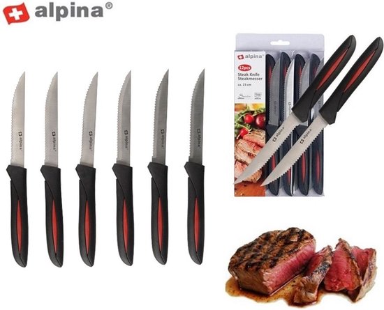 Alpina Steakmessen - Set van 12 - 23 CM - RVS - Gekarteld - Zilverkleurig/ Zwart - Alpina Kitchen & Home
