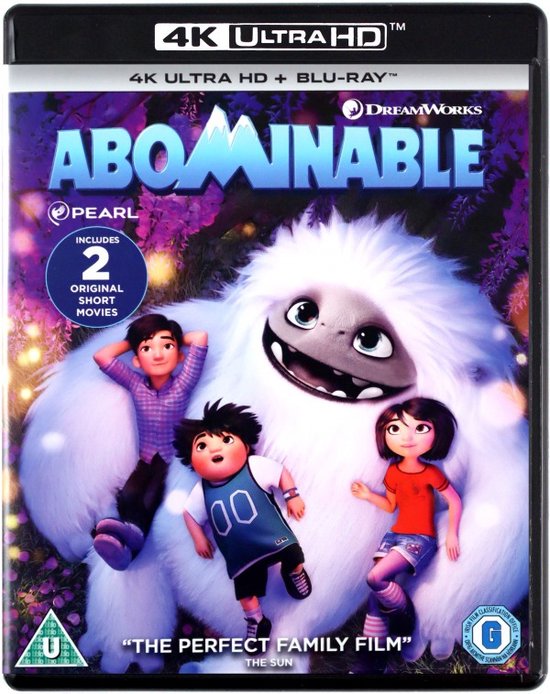 De voorkant van de "Abominable" 4K Ultra HD Blu-ray disc. Een grote, witte Yeti staat met drie kinderen. De titel is bovenop.