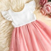 Baby jurk - meisjes jurk - roze - wit - nette jurk - oud en nieuw kleding - korte mouw - prinses - prinsessenjurk - tule - parel - feest - baby - babyjurk - meisjes jurk - maat 116/122