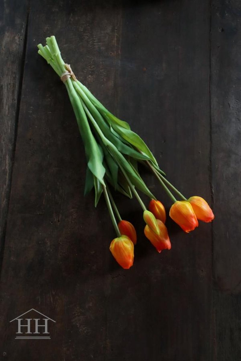 Kunst tulpen - oranje - 47cm - 7 stelen - bos tulpen - nep tulpen - kunstbloemen - kunstboeket - voorjaar