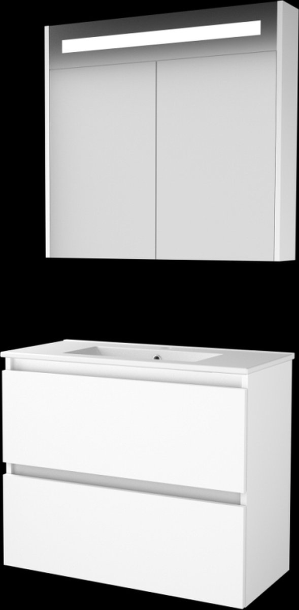 Basic Premium 39 badmeubelset met spiegelkast met geïntegreerde LED verlichting, greeploze wastafelonderkast met 2 lades en porseleinen wastafel met 1