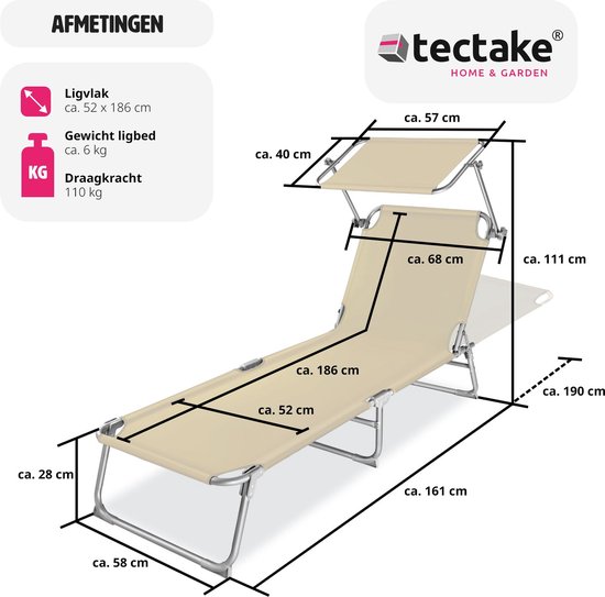 tectake® ligbed ligstoel met zonwering, opklapbare tuinligstoel, balkon- of terrasligstoel met verstelbare rugleuning, strandligstoel met zonnekap, belastbaar tot 110 kg - beige - Tectake