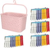 Wasknijpers ophangmandje met haak - roze - en 96x gekleurde wasknijpers van 7,5 cm - was ophangen