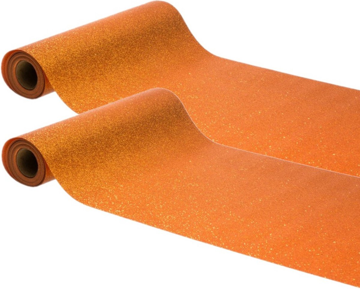 Chaks Koningsdag thema tafelloper op rol - 2x - oranje glitter - 30 x 500 cm - polyester