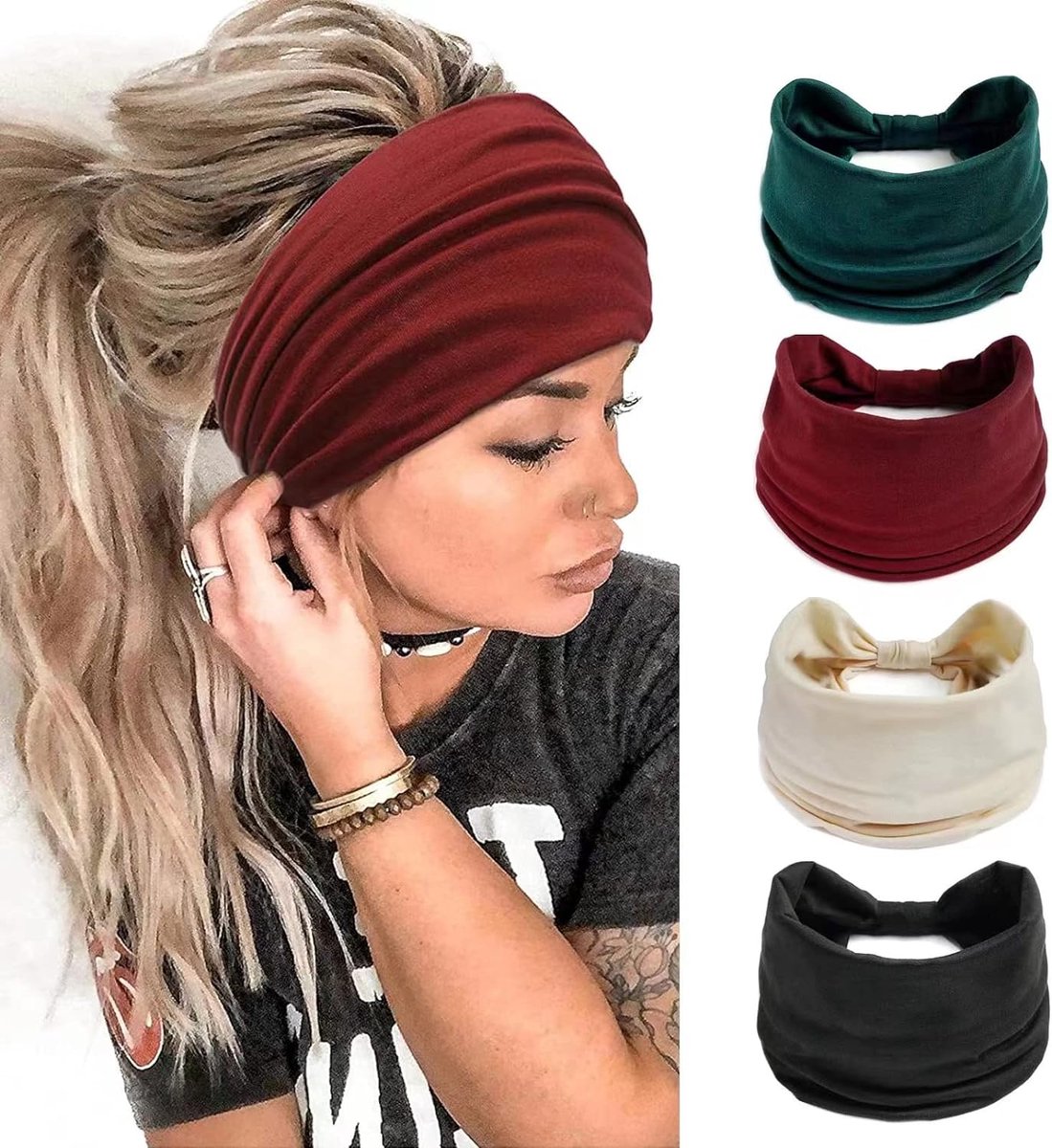 Haarband Dames Boho Headband Elastic Hoofdband Dames Brede Haarbanden voor Dames Hair Band Yoga Hair Accessories for Women 4 Stuks (Eenvoudig)
