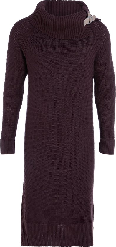 Knit Factory Jamie Gebreide Dames Jurk - Trui jurk dames - Wollen jurk - Herfst- & winterjurk - Wijde jurk - Met warme opstaande kraag - Aubergine - 40/42 - Knielengte