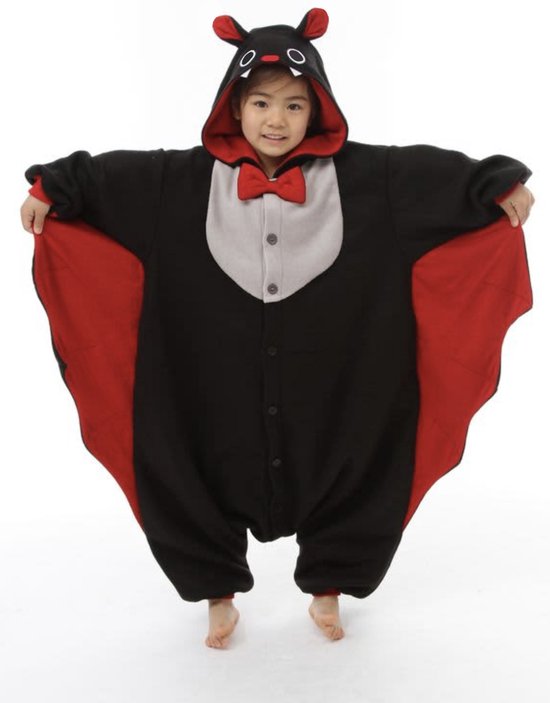 KIMU Onesie Vleermuis Pak - Maat 146-152 - Vleermuispak Kostuum Zwart Rood Bat - Kinder Jumpsuit Pyjama Halloween Jongen Meisje Huispak Festival