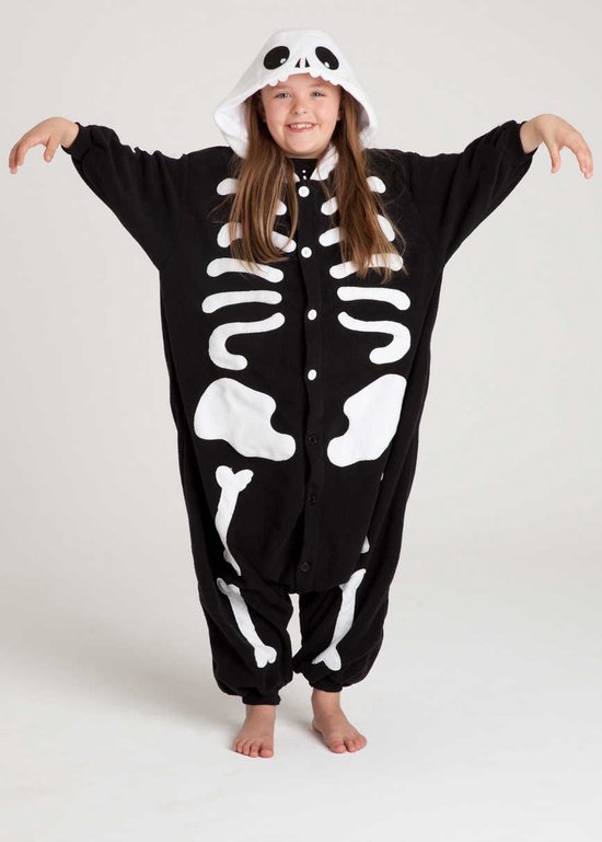 KIMU Onesie Skelet Pak - Maat 128-134 - Skeletpak Kostuum Zwart Wit Botten - Halloween Huispak Jumpsuit Pyjama Jongen Meisje Overall Fleece Festival