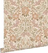 ESTAhome papier peint fleurs et oiseaux de style art nouveau couleur sable, beige et vieux rose - 139566 - 0,53 x 10,05 m