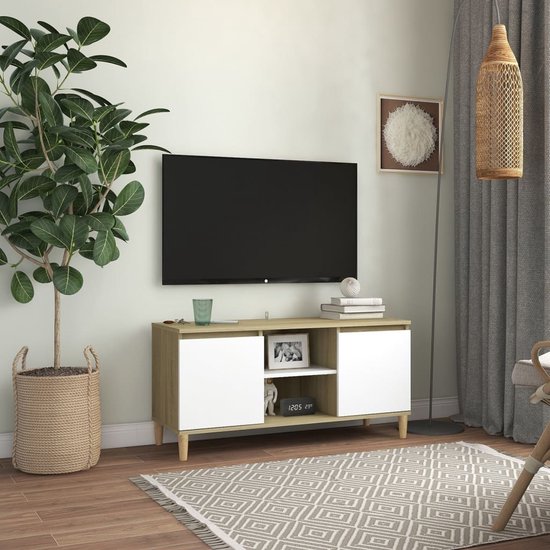 vidaXL-Tv-meubel-met-houten-poten-103,5x35x50-cm-wit-sonoma-eikenkleur | bol