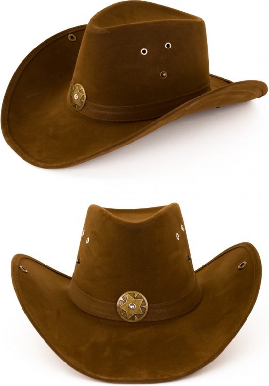 KIMU Luxe Cowboyhoed Donkerbruin Ster - Western Rodeo Cowboy Hoed Suedine Bruin - Usa Texas Wilde Westen Festival