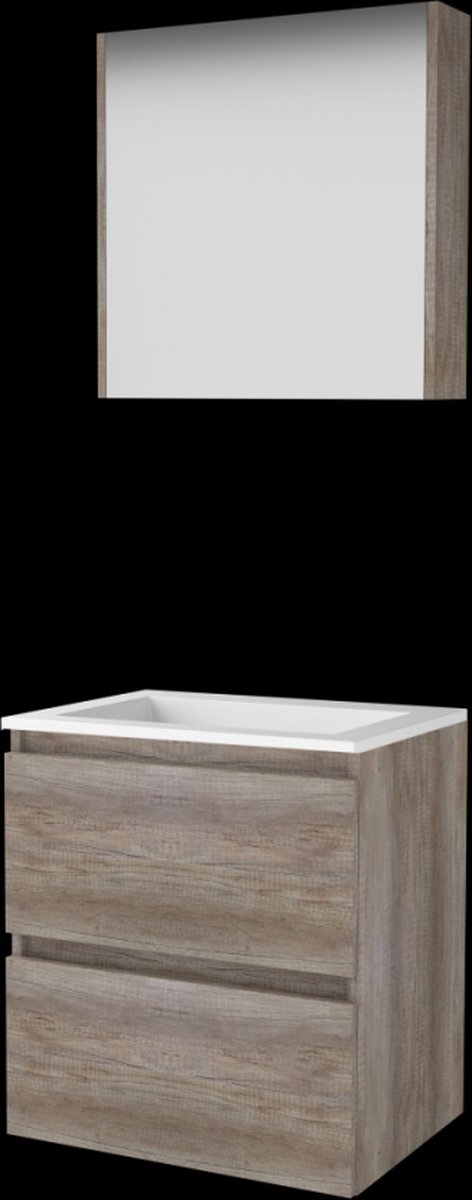 Basic Comfort 46 badmeubelset met spiegelkast, greeploze wastafelonderkast met 2 lades en acryl wastafel zonder kraangaten 60 x 46 cm, scotch oak