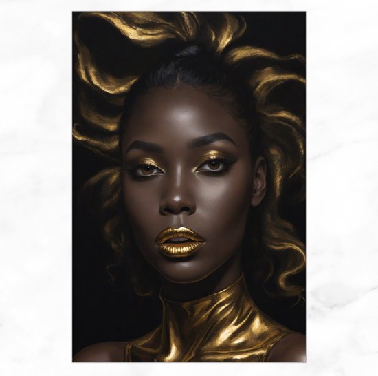Schilderij Afrikaanse vrouw met goud - Canvas schilderij vrouw - 100x150 cm - Schilderij goud zwart - Luxe - Woonkamer muurdecoratie - Woonaccessoires