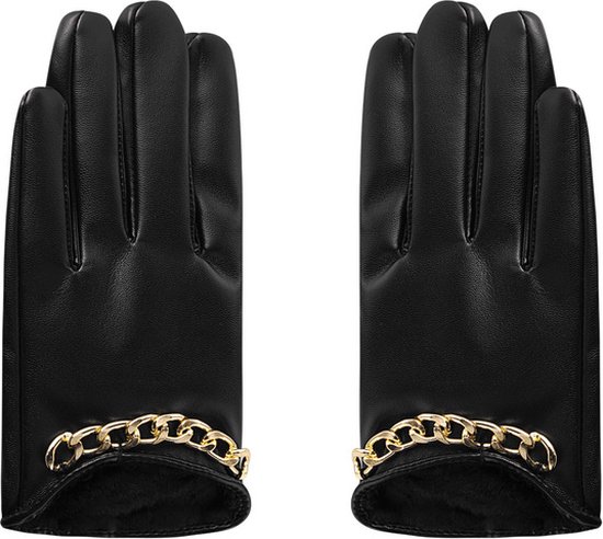 Zwart Handschoenen Gouden Ketting Detail - Leatherlook Handschoenen - Gouden Schakelketting - zwart