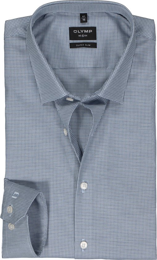 OLYMP No. 6 Six super slim fit overhemd - structuur - licht- met donkerblauw en wit mini dessin - Strijkvriendelijk - Boordmaat: 42