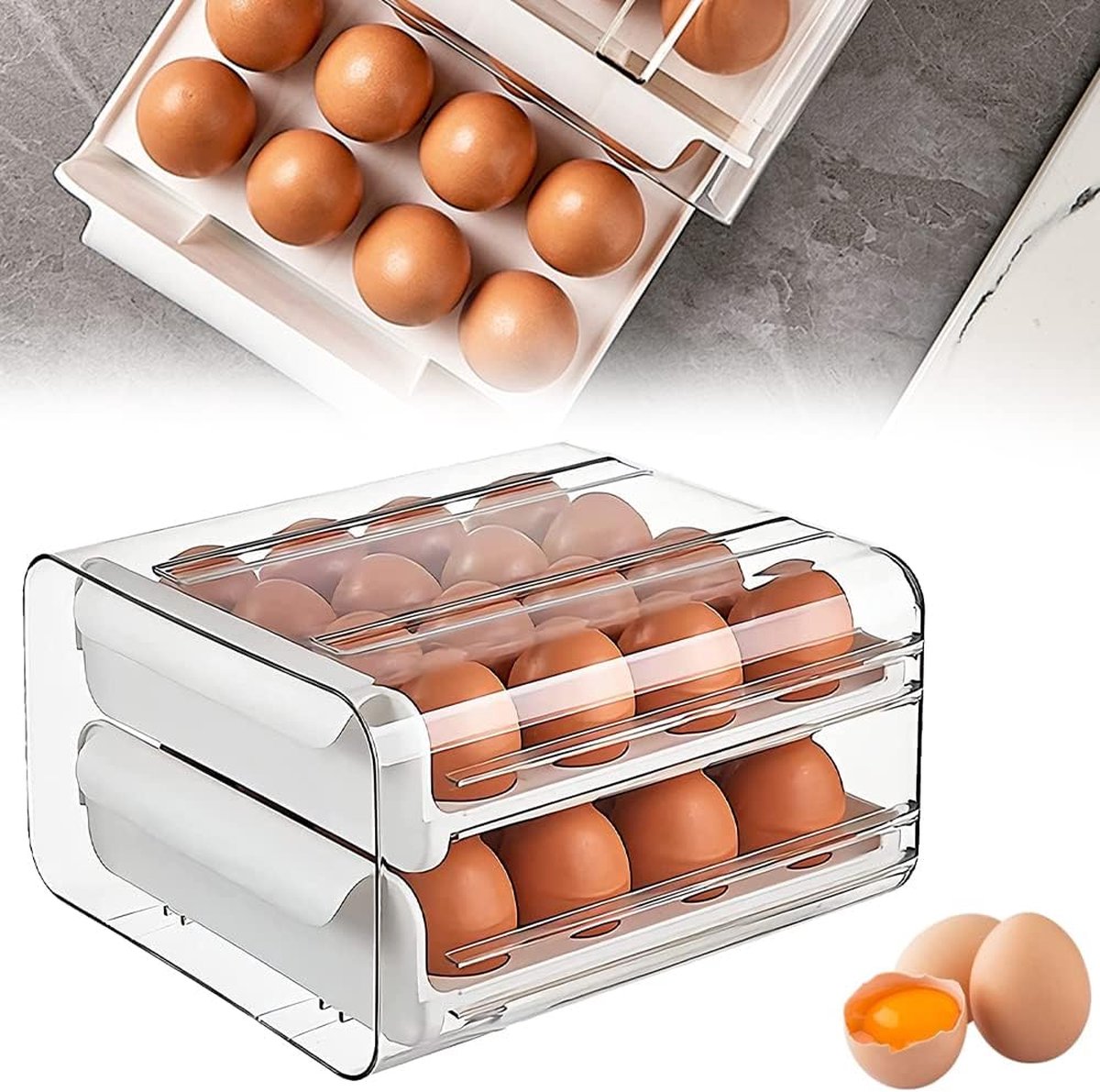 Eieropbergdoos Koelkast Eierlade Eiercontainer Kunststof eierdoos Koelkastlade Eiercontainer voor 32 eieren Dubbellaagse eierladedoos voor verse eieren Koelkast (wit)