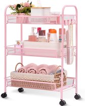 Keukenwagen, 3 niveaus, smalle rolwagen, serveerwagen, keukentrolley op wieltjes, nisrek, keukenrek, badkamerrek, multifunctionele trolley met grote capaciteit voor keuken, badkamer, cosmetica, kantoor, roze