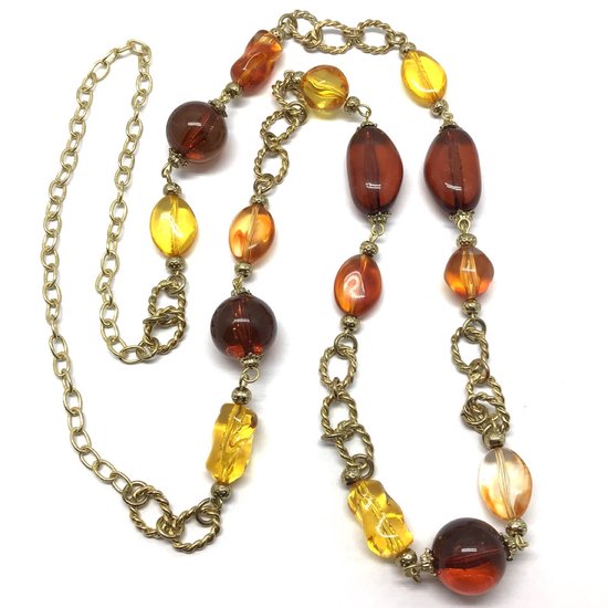 Collier Behave - chaîne longue - couleur or - marron - perles - maillons - 90 cm