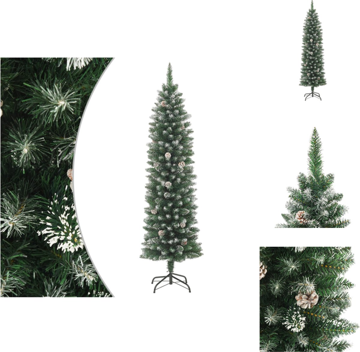 vidaXL Kerstboom Smal - 210 cm - Groen/Wit - Met Standaard - 20 dennenappels en 450 spitse uiteinden - Decoratieve kerstboom