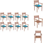vidaXL Chaises de jardin de jardin empilables en teck - Set de 8 - Coussins bleus - Dimensions - 56 x 51 x 90 cm - Résistant à l'eau - Chaise de jardin