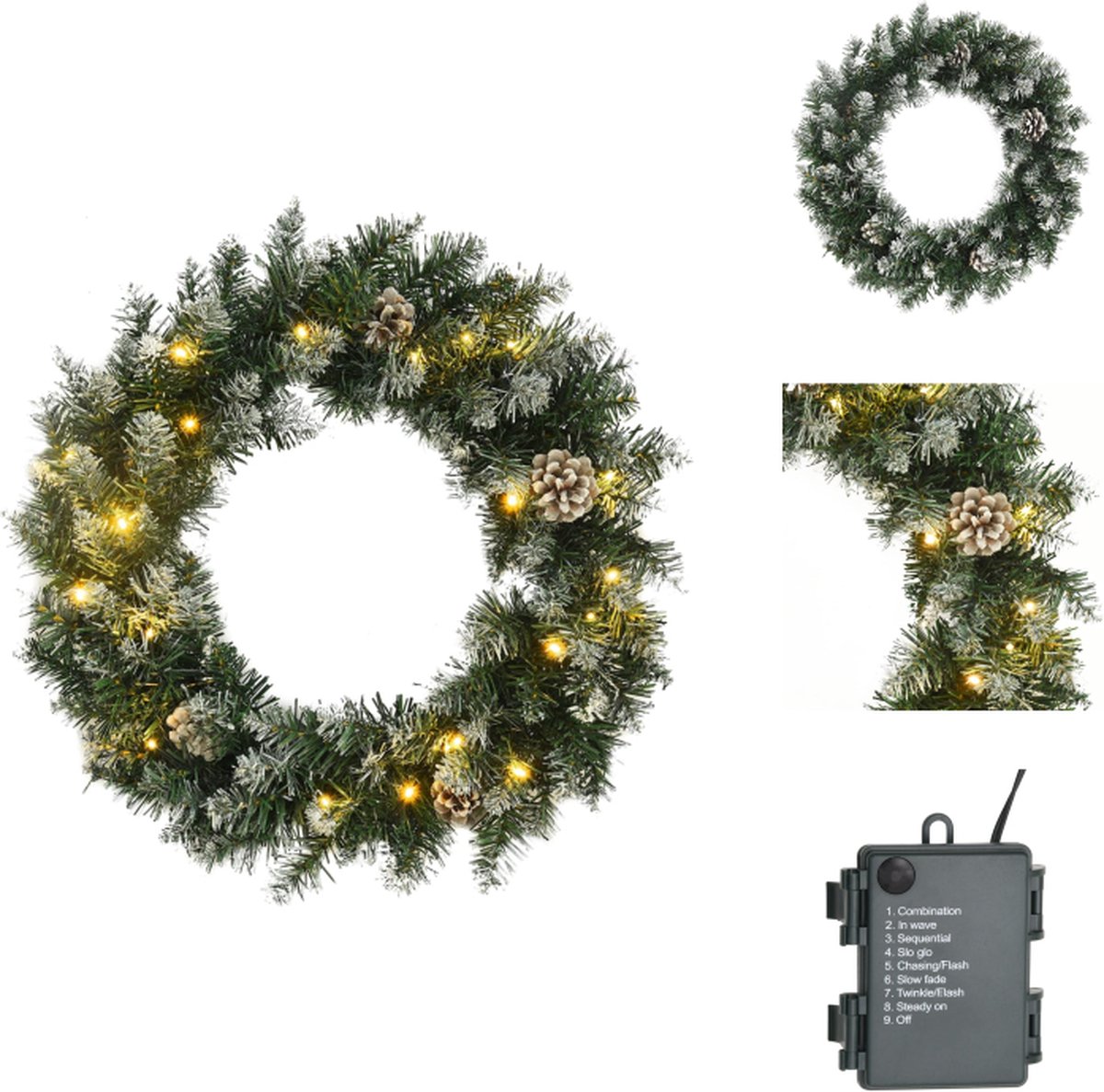 vidaXL Kerstkrans Groen PVC 60 cm - Weerbestendig - 30 LED-lampjes - Dennenappels - Voordelige decoratie - Montagehandleiding - Batterijvoeding - Kerstslinger