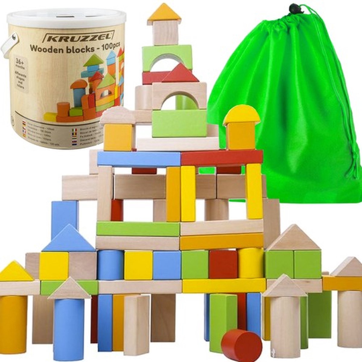 Playos® - Bouwblokken in Ton - 100 delig - Meerkleurig - Vormenstoof - Opbergtas - Houten Blokken - Bouwen - Bouw Speelgoed - Educatief Speelgoed