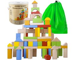 Playos® - Bouwblokken in Ton - 100 delig - Meerkleurig - Vormenstoof - Opbergtas - Houten Blokken - Bouwen - Bouw Speelgoed - Educatief Speelgoed
