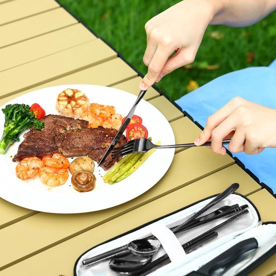 Cutlery Set 10 Pieces Stainless Steel Travel Cutlery Set, Black Camping Cutlery Bag for Travel, Outdoor Cutlery Set, Dishwasher Safe Knife, Fork and Spoon Set (Black) — afbeelding 2