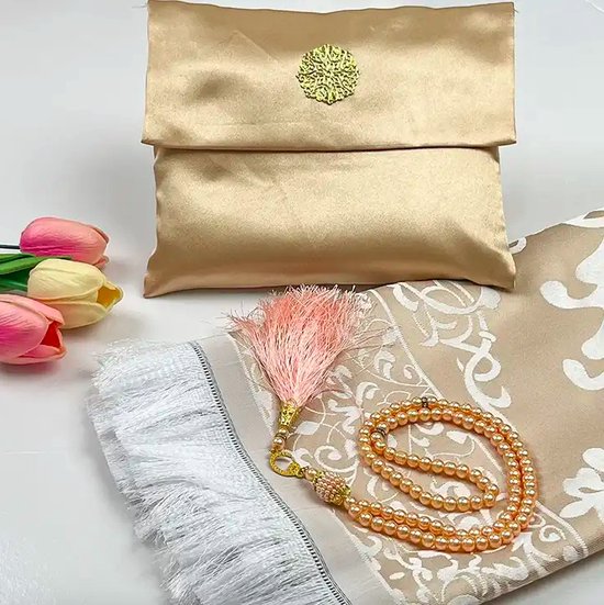 Tapis de prière Al Quds - Complet avec sac et Tasbih - Tissu doux et aspect Luxe - Seccade - Coffret cadeau - Couleur Or