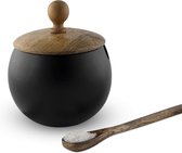 Sucrier avec couvercle en bois et cuillère pour la maison et la cuisine, forme tambour (noir mat)