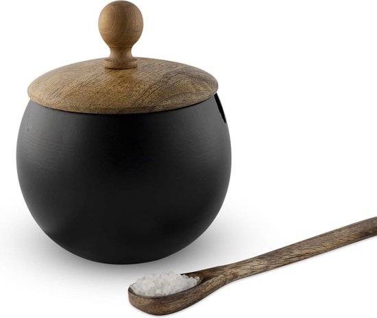 Suikerpot met houten deksel en lepel voor huis en keuken - Trommelvorm (matzwart)