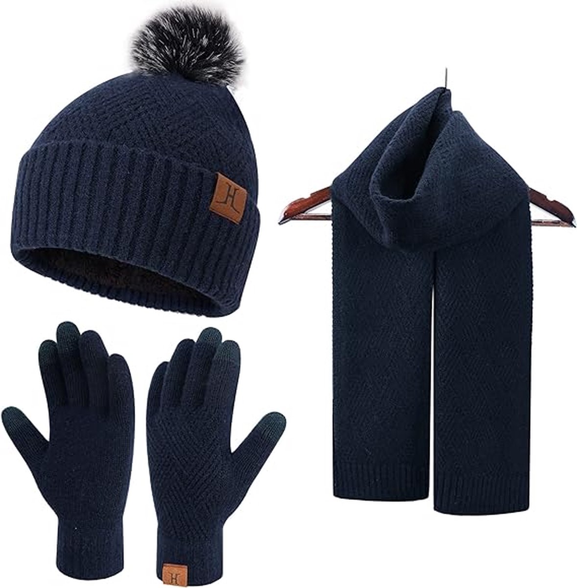 Warme winterset - Donkerblauw - Beanie met pom pom, lange sjaal, touchscreen handschoenen - Fleece gevoerde muts volwassenen - Black Friday 2023 - Kerstcadeau