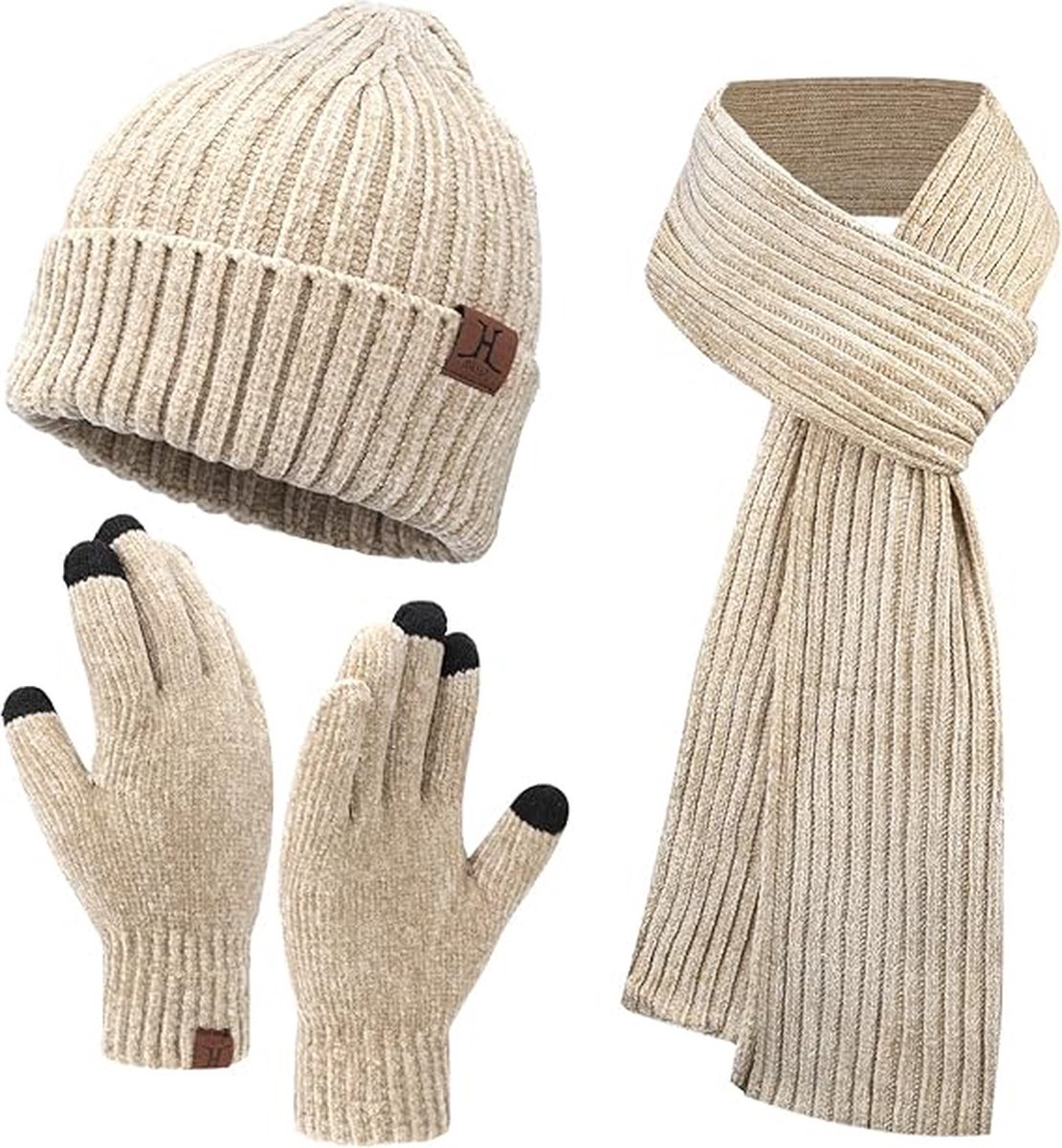 Warme winterset 3 stuks - Beige - Beanie muts, lange sjaal, touchscreen handschoenen - 3-delige set voor volwassenen - Black Friday 2023 - Kerstcadeau