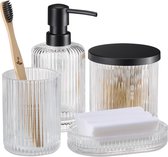 Navaris glazen badkamer accessoires set - Zeepdispenser zeepbakje beker en glazen pot met deksel - 4 delig - Geribbeld glas - Transparant/zwart