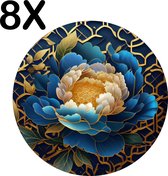 BWK Stevige Ronde Placemat - Blauw met Gouden Bloem - Kunstig - Set van 8 Placemats - 50x50 cm - 1 mm dik Polystyreen - Afneembaar