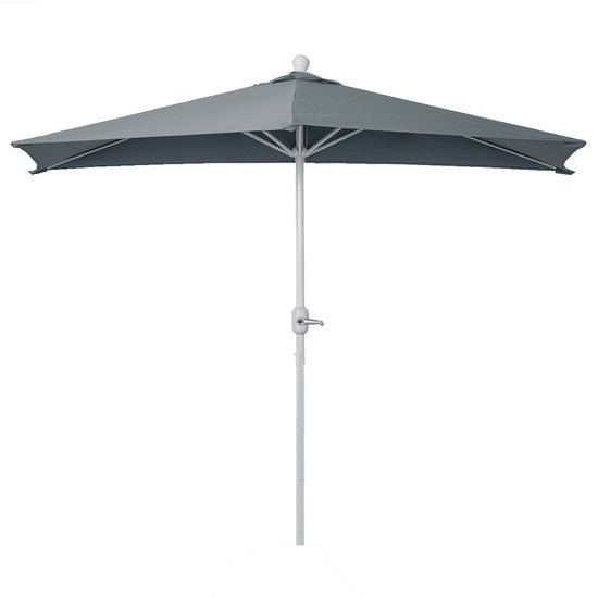 Antraciet parasol met witte stok en opwindmechanisme.