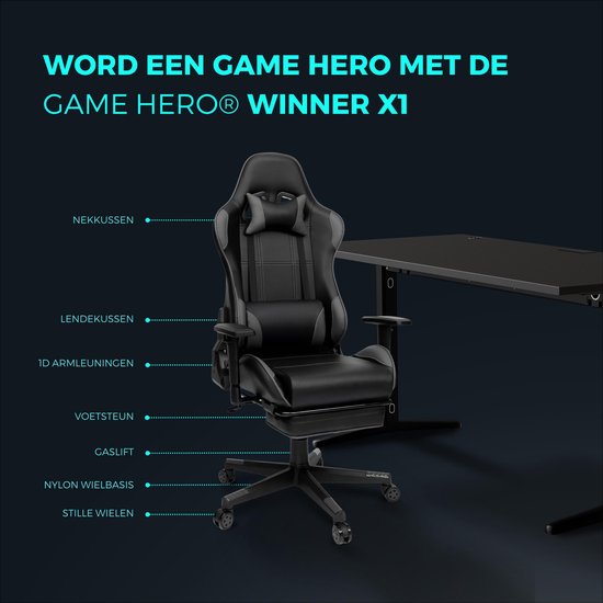 GAME HERO® Winner X1 Gaming Stoel Verstelbare Armleuningen - Gamestoel Met Voetsteun - Grijs - Game Hero
